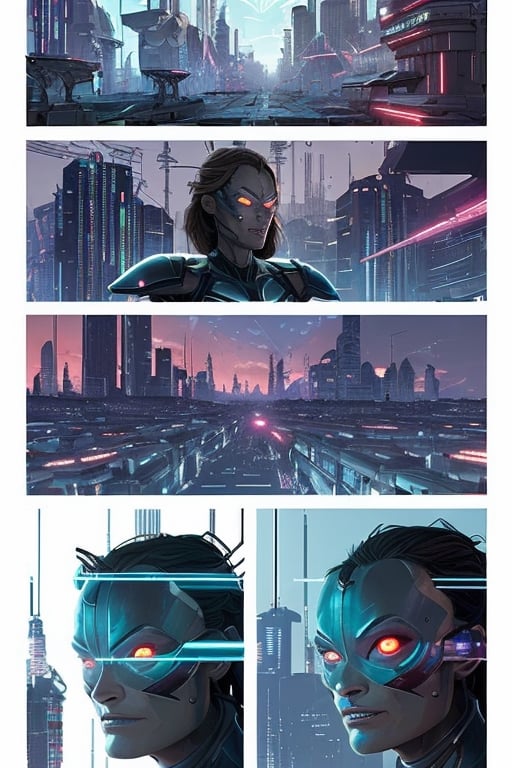 transformation sequence where the cybernetic warrior  morphs into the actress ((olivia wilde)). a battling against futuristic enemies in a dystopian cityscape. sci-fi horror film aesthetic. Concept art by James Gurney and Laurie Greasley. Moody Industrial skyline. ArtstationHQ. Creative character design for cyberpunk  
sks women