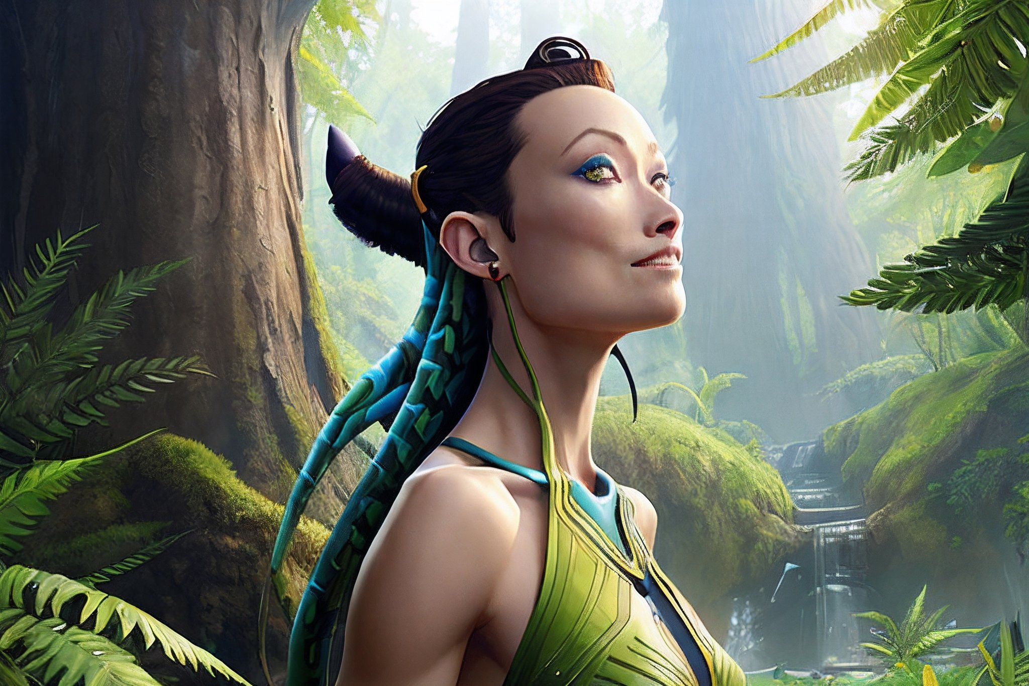 (olivia wilde) as actress to pose as Neytiri, 0L1V14W-V1, a human-Na'vi hybrid living in Pandora, surrounded by lush greenery and towering alien trees. trending on Artstation, 8k, masterpiece, by Greg Rutkowski, Ross Tran, WLOP, Andrei  wilde as actress to pose as Neytiri, a human-Na'vi hybrid living in Pandora, surrounded by lush greenery and towering alien trees. atmospheric lighting, stunning, brave. Eagle girl. By Makoto Shinkai, Stanley Artgerm Lau, WLOP, Rossdraws, James Jean, Andrei Riabovitchev, Marc Simonetti, krenz cushart, Sakimichan, D&D trending on ArtStation, digital 