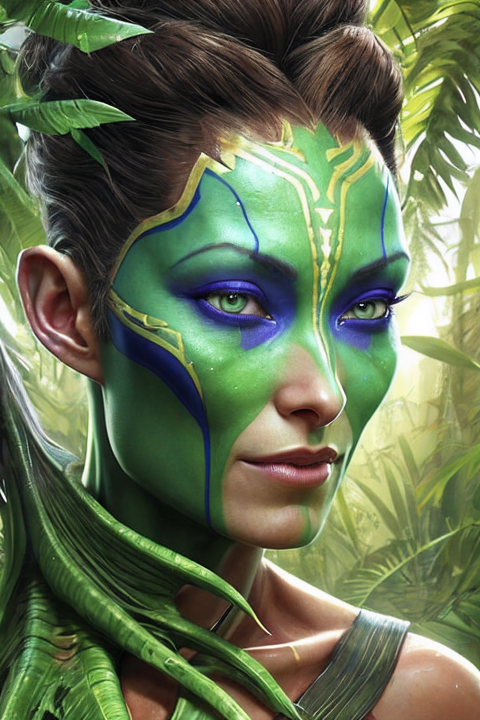 olivia wilde as actress to pose as Neytiri, a human-Na'vi hybrid living in Pandora, surrounded by lush greenery and towering alien trees. by charlie bowater and titian and artgerm, intricate, face, in crowded and wet street of a elven city, at dusk, highly detailed, smooth, sharp focus, illustration, ultra realistic, cinematic lighting, 8k, award  
sks women