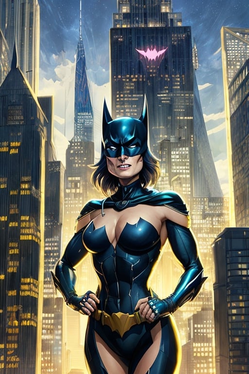 Batman: Portray the actress olivia wilde as Gotham City's Dark Knight, perched on top of a skyscraper, surveying the city below with steely yellow sunlights, wearing Mad Men clothing, digital art, panorama, by wlop, dan mumford, yusuke murata, makoto shinkai, ross tran, cosmic, intricate detail, cinematic, 8k, cel shaded, unreal engine, featured on artstation, pixiv, ((Olivia Wilde))
sks women