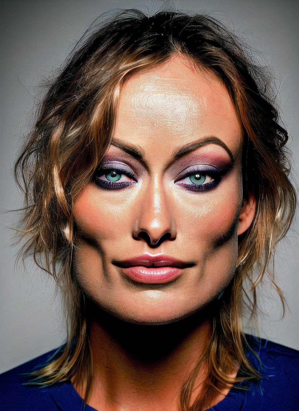 portrait RAW photo of Olivia Wilde, medium breasts, tan, dewy skin, sweaty skin, wavy hair, punk tshirt, punk,(PnMakeEnh),Detailedface,Detailedeyes