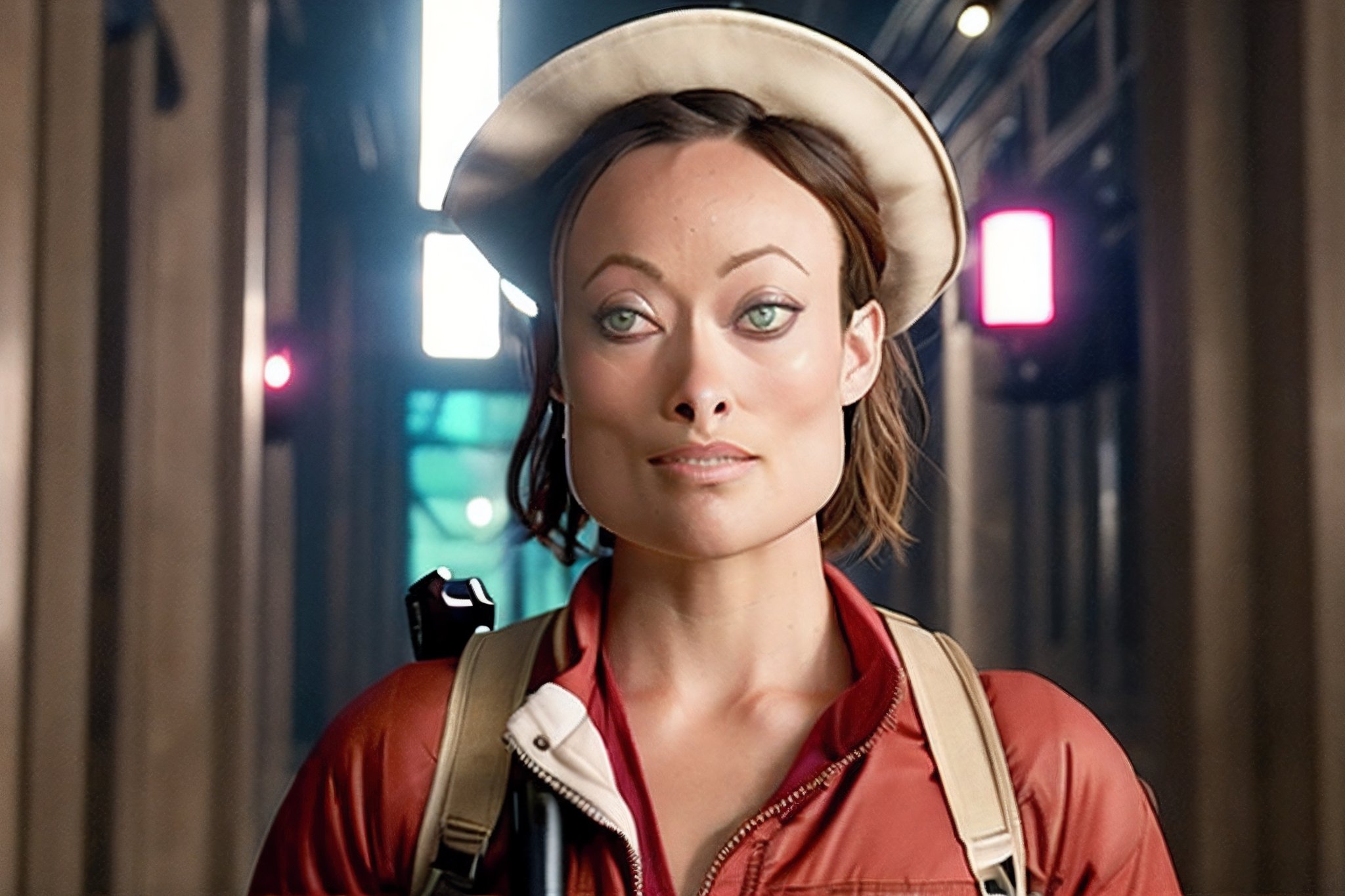 olivia wilde, ghostbuster team member, 0L1V14W-V1 catching ghost, movie scene details, background art, symmetrical,odynamic, tricorne hat, cinematic lighting, sks woman
