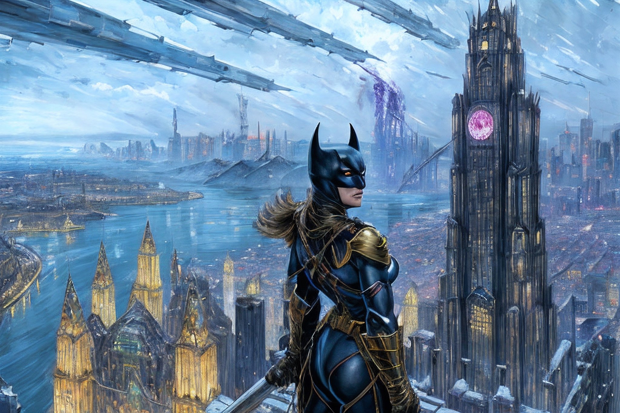 olivia wilde as Batman, Gotham City's Dark Knight, perched on top of a skyscraper, surveying the city below with steely cold waterfalls, by Viktor Vasnetsov, concept art, fantasy cityscape, ancient Russian architecture, painted by Ivan Shishkin, hyperborea, high resolution, huge factories, trending on artstation
