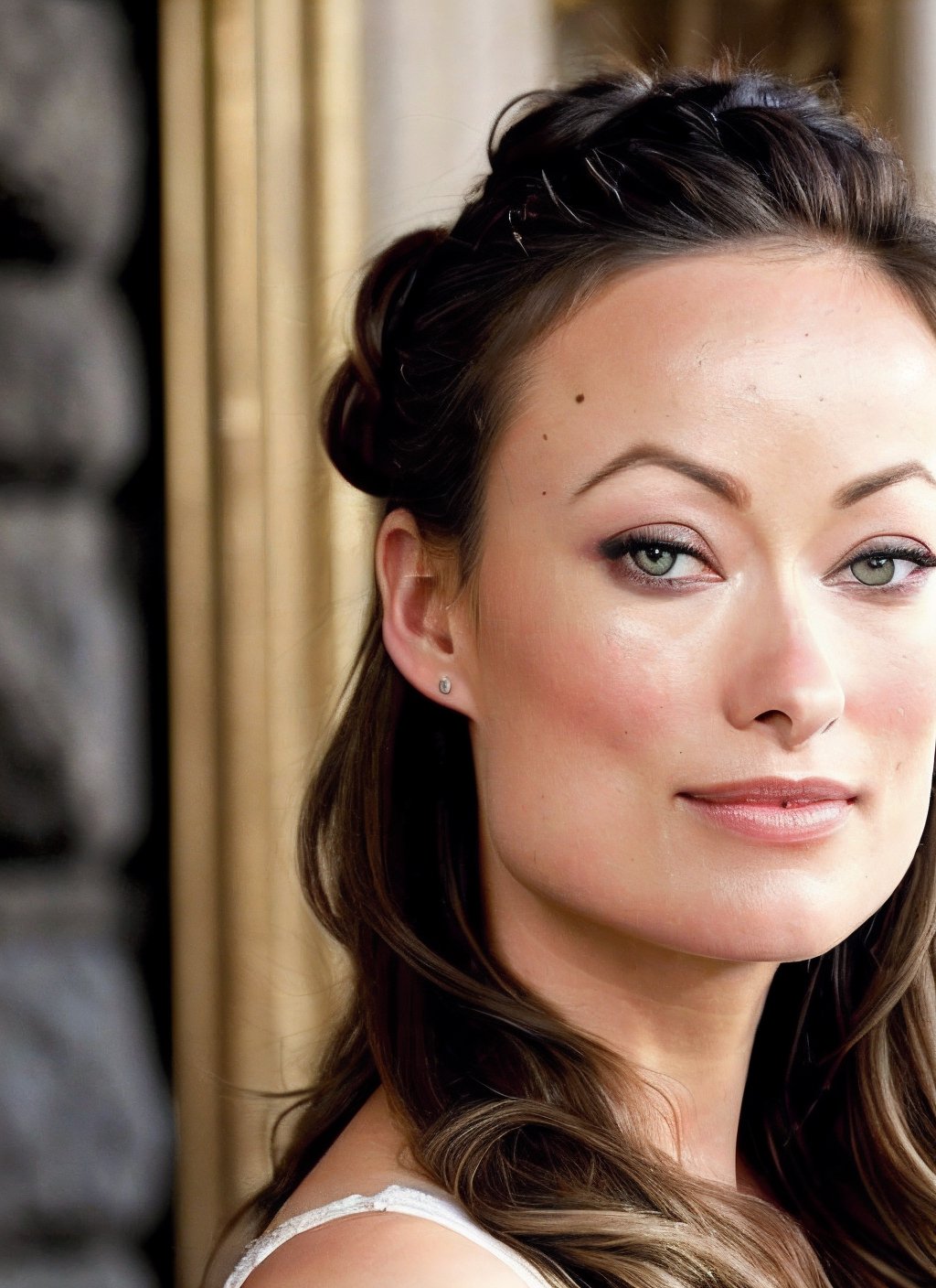 medium portrait close up of a Beautiful Olivia Wilde, (messy bun), sitting on a wooden chair, wearing a fancy Victorian era dress, seductively posing, medium breasts, pale skin, dark red lips, dark eye shadow, ornate pendant, sitting in front of a large stone fireplace, candle burning, in a luxurious fantasy castle, side lighting, cinematic, Renaissance style, (Fujifilm XT3:1.1), (high detailed face:1.3), perfect hands, sks woman