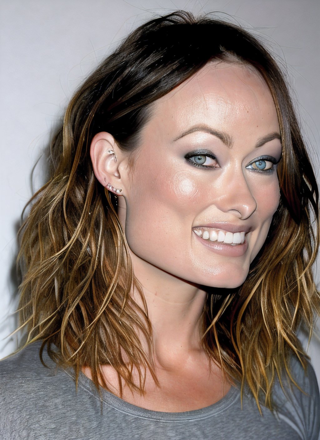 portrait RAW photo of Olivia Wilde, medium breasts, tan, dewy skin, sweaty skin, wavy hair, punk tshirt, punk