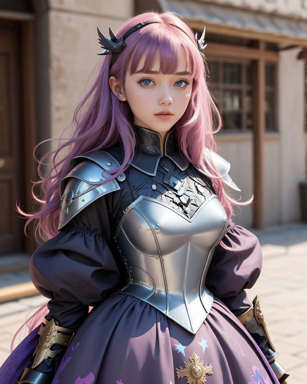 best quality,masterpiece,highly detailed,ultra-detailed,1girl,armored_dress,armored dress, blue eyes, Afro with Neon Bangs - Pink and Purple <lora:armored_dress:0.75:clothes>