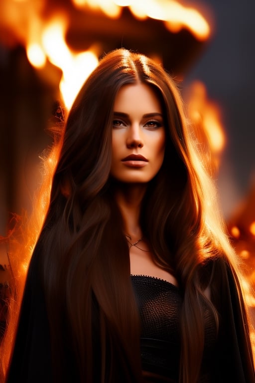 digital painting portrait of the wo_licaprice01, head and shoulders shot, long brown hair, wearing a black witch outfit, fire at the background