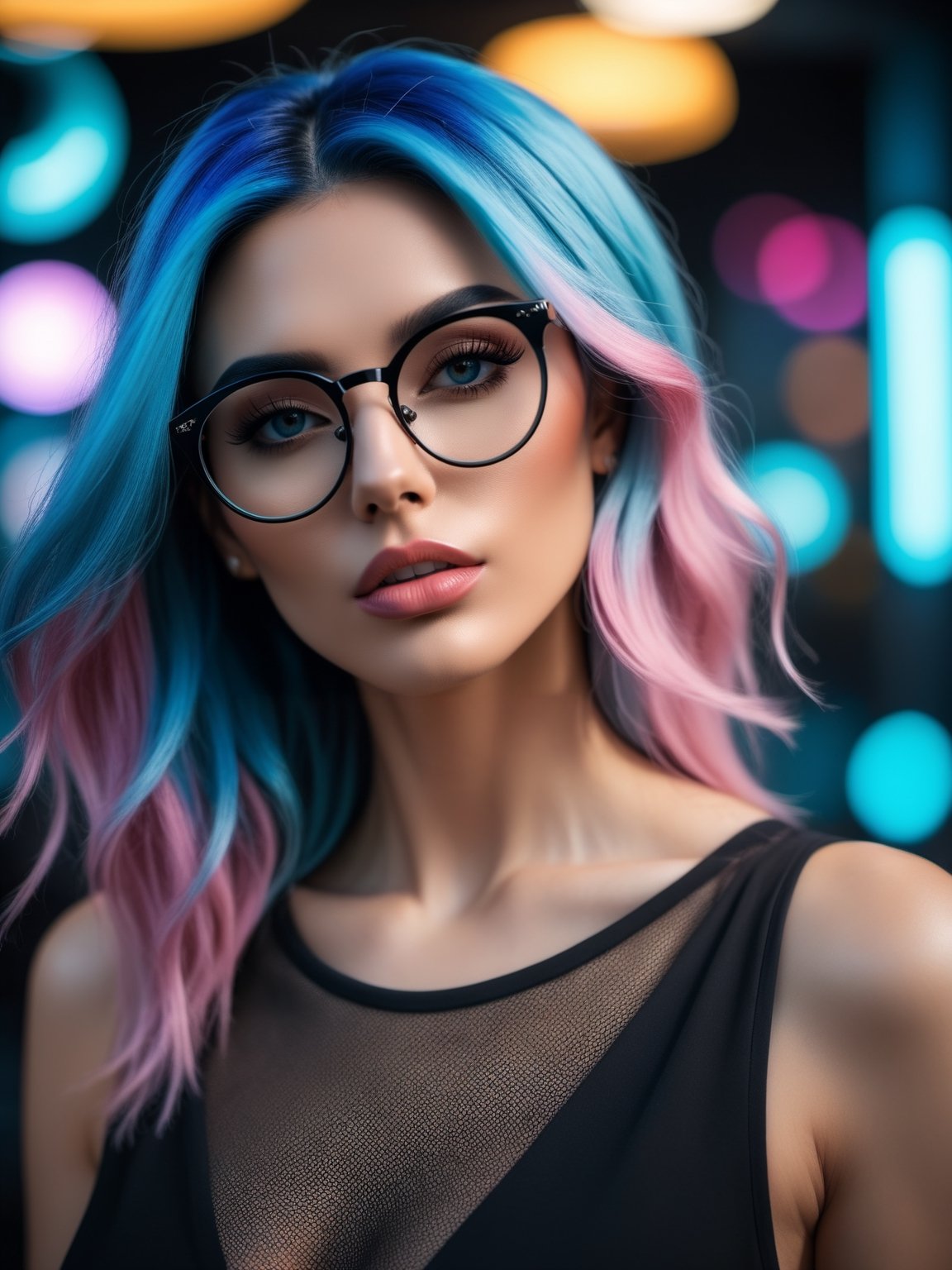(Highest Quality, 4k, masterpiece, Amazing Details:1.1), Shallow Depth of Field, E671, lens 50mm f/2.0, (epic, natural skin, skin pores, detailed skin, girl focus) wide angle picture of a woman, blue hair, black frame glasses, rockstar, futuristic, neon, long wavy hair, cellphone, background in a room, realistic style, 8k,exposure blend, medium shot, bokeh, (hdr:1.4), high contrast, (cinematic), (muted colors, dim colors, soothing tones:1.3), low saturation, (hyperdetailed:1.2), (noir:0.4), (photorealistic) (RAW Photo), aesthetic portrait, old style,aw0k euphoric style,cpbg,coocolor,3d toon style