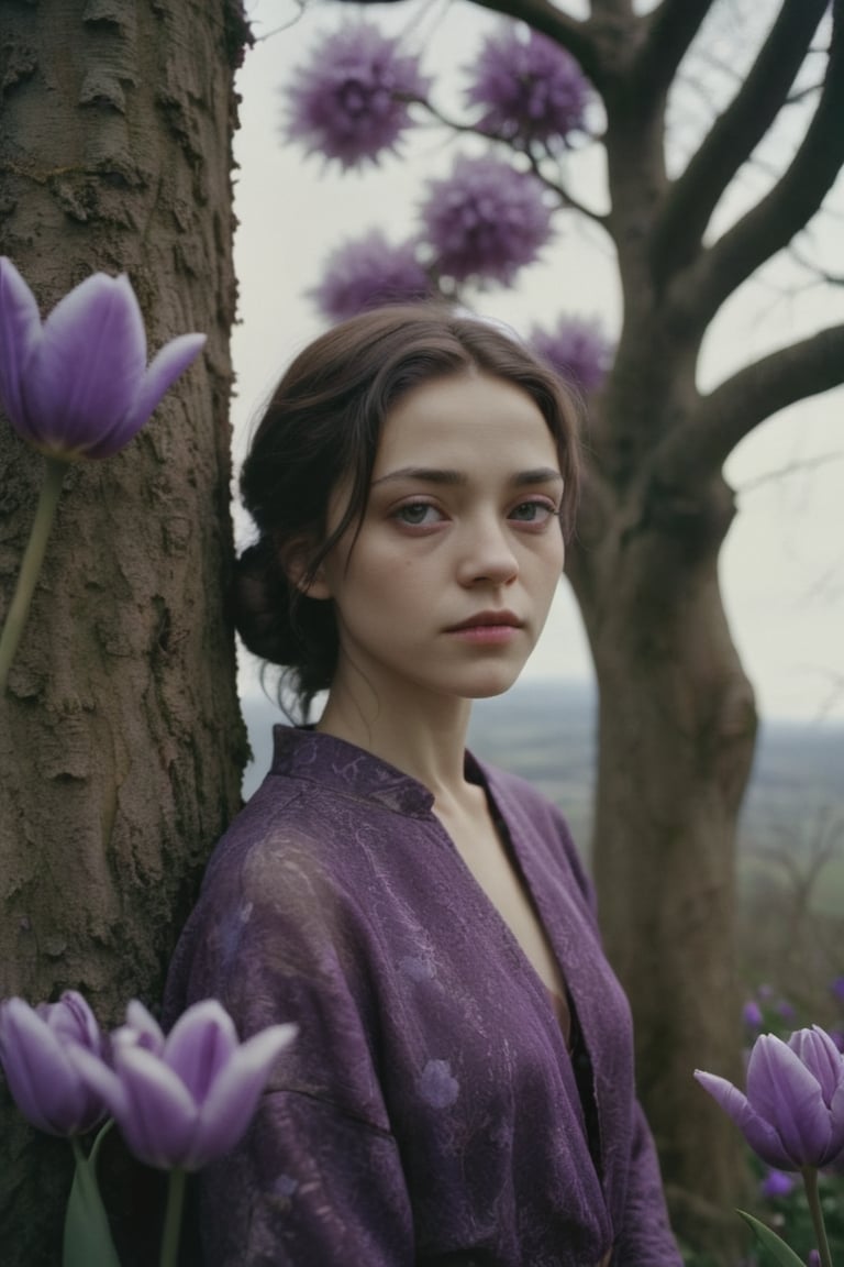 a woman standing in front of a tree with purple flowers, a portrait, by Katia Chausheva, cinestill hasselblad 8 mm, arya stark as venus, tulip, closeup portrait shot, iram of the pillars, magnolia, short neck, 2 5 mm portra, portrait. 8 k high definition, ornate portrait, kiko mizuhara, in the hillside