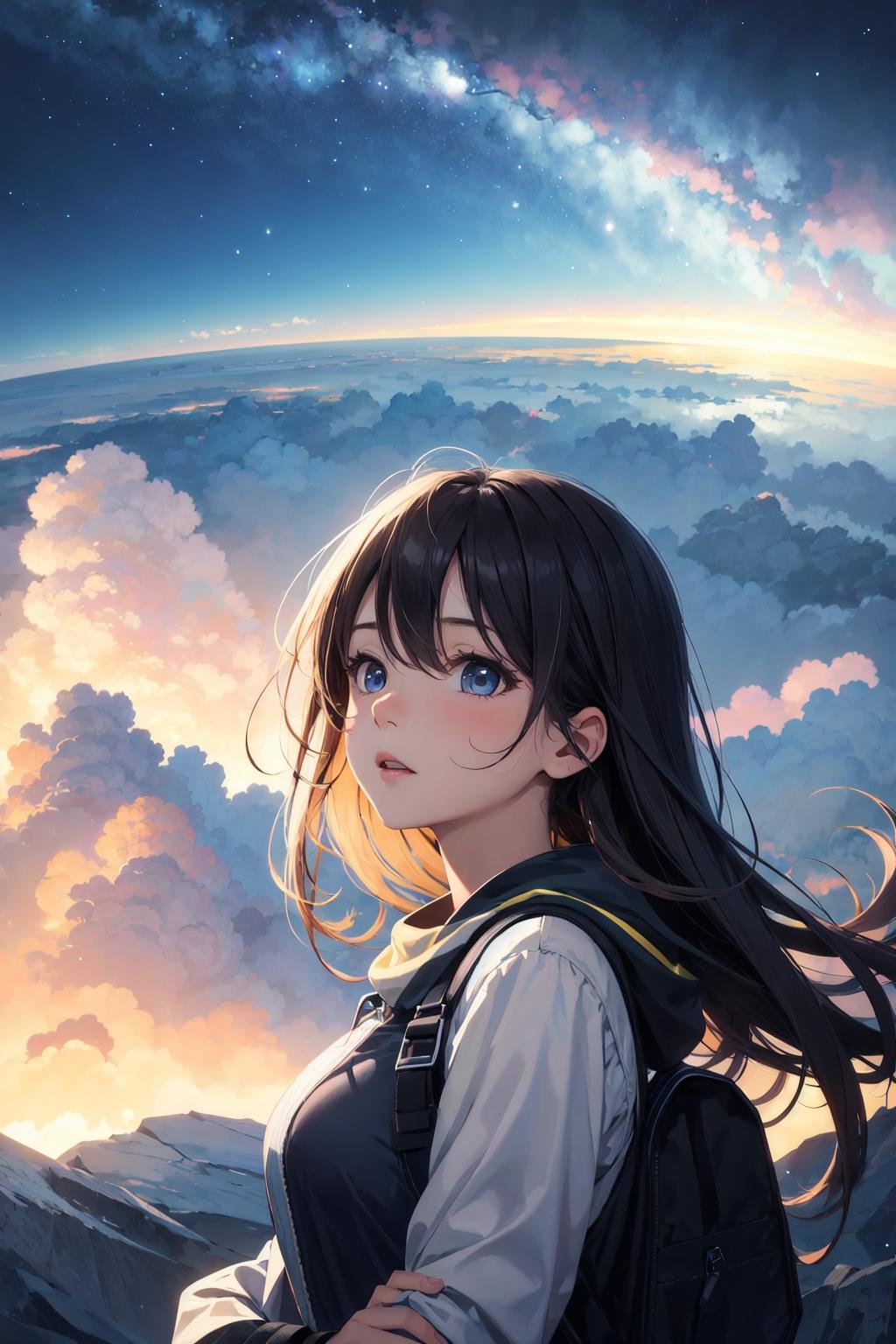 absurdres, highres, ultra detail, close view,1girl, shining sky, vast world, gazing, awe-inspiring expression, distant horizon, clouds, high hill, natural beauty, inspiration, night sky, Shining Stars,