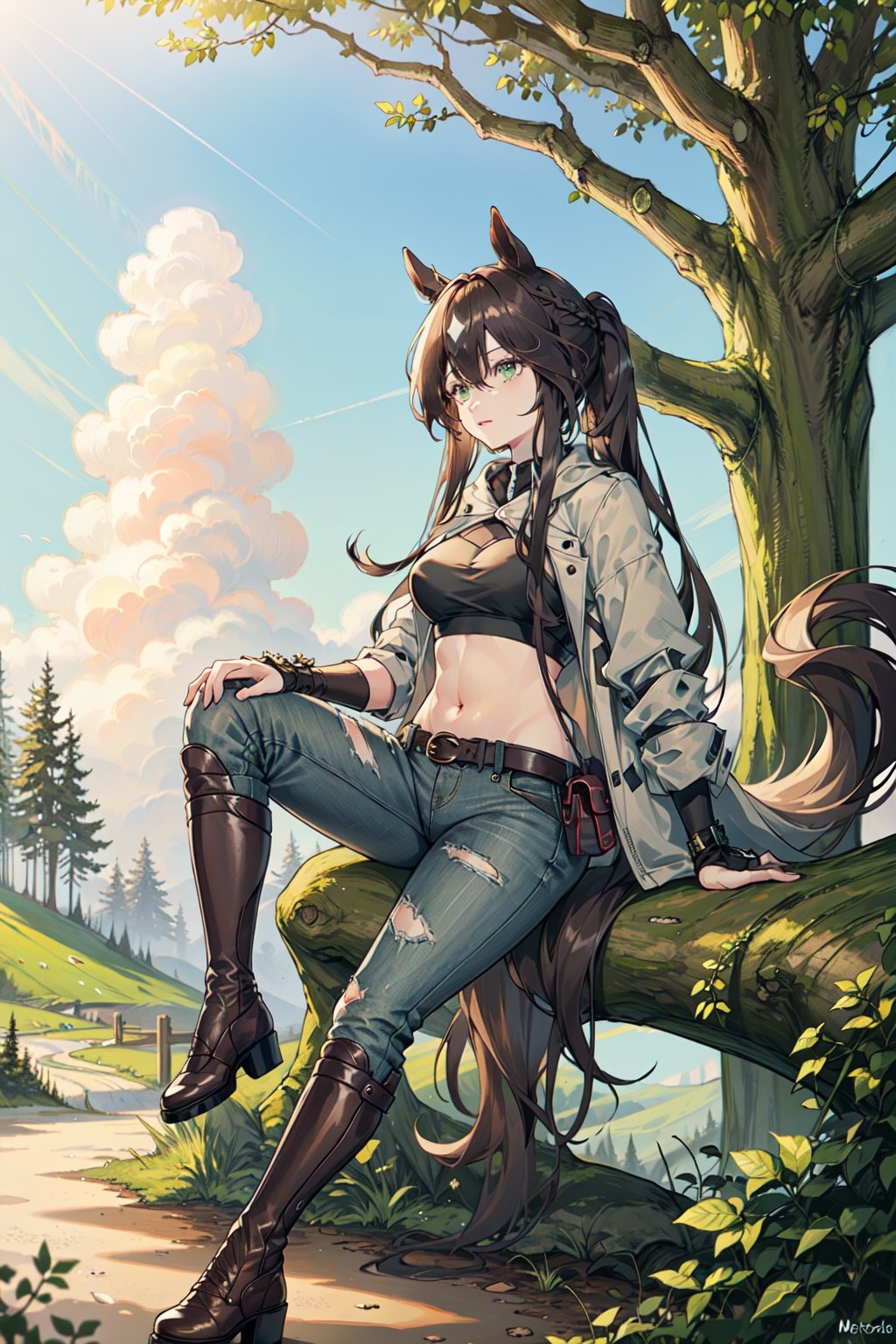 2d, masterpiece, best quality, anime, highly detailed, fullbody, (1girl), BREAK green eyes, long hair, braid, french braid, horse tail, (meteorclothing:1.22), jeans, belt, BREAK sitting on tree BREAK outdoors, forest