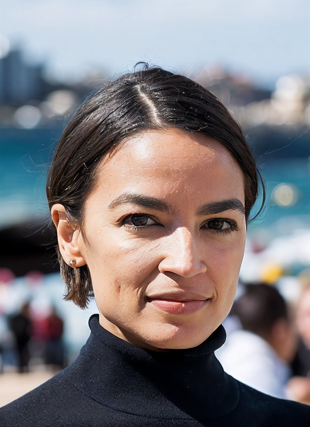 portrait of  sks woman, in Sydney, at Bondi Beach,  perfect haircut, black turtleneck, by Dominique Issermann, epic character composition, 