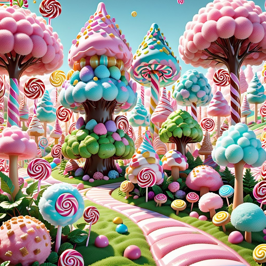 (candy land Explore a whimsical candy forest, with trees crafted from candy floss that rustles in the sugar breeze. The ground is carpeted with graham cracker leaves, and hard candy boulders form natural sculptures amidst the vibrant foliage.), 8k octane render, high detail, masterpiece, hyperdetailed, intricate details