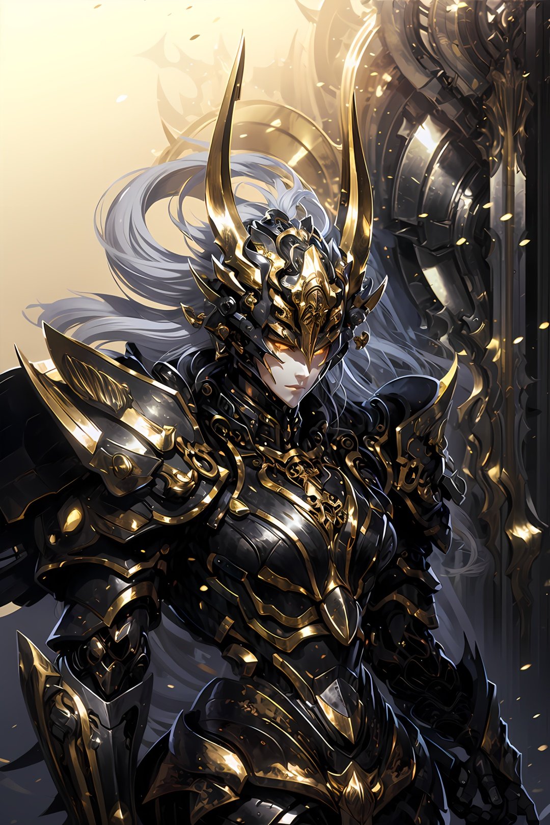 HeiJing1, solo, armor, horns, helmet, long hair, 1girl, full armor, closed mouth, fake horns, shoulder armor, black hair, upper body