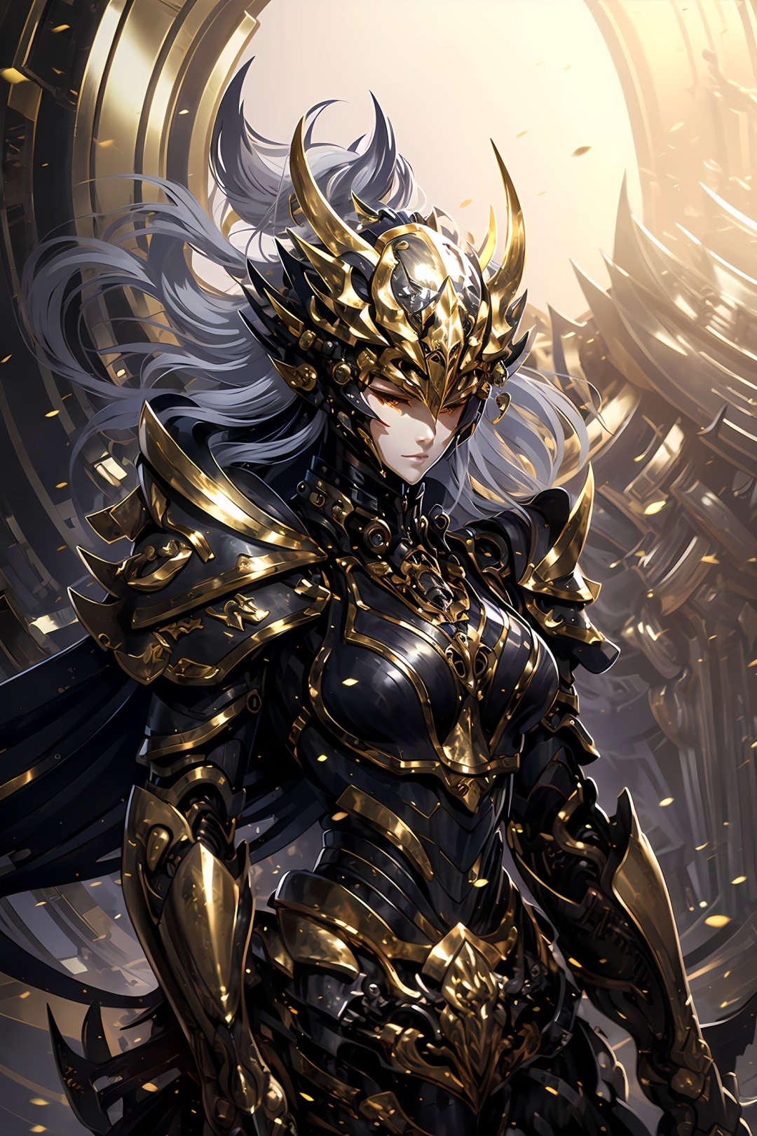 HeiJing1, 1girl, solo, long hair, armor, facing viewer, helmet, shoulder armor, lips, covered eyes, closed mouth, gauntlets, black hair, breastplate, pauldrons, upper body