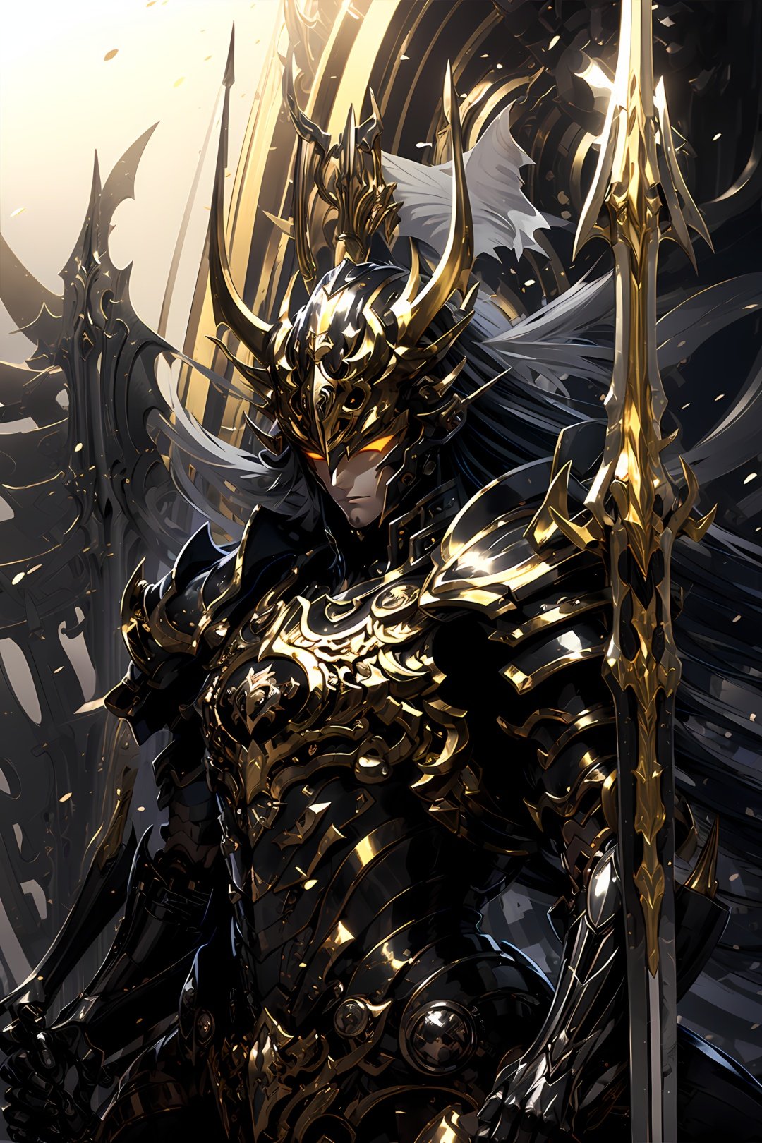 HeiJing1, armor, 1boy, male focus, solo, black hair, weapon, glowing eyes, glowing, helmet, long hair, yellow eyes, full armor, shoulder armor, horns, sword, pauldrons, upper body, wings