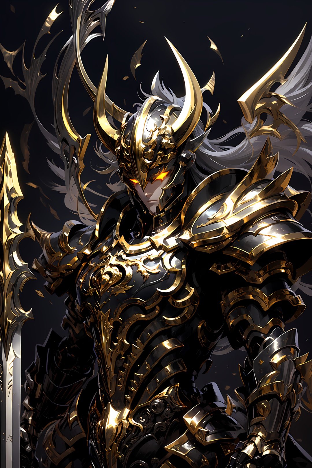 HeiJing1, armor, 1boy, male focus, solo, black hair, weapon, glowing eyes, glowing, helmet, long hair, yellow eyes, full armor, shoulder armor, horns, sword, pauldrons, upper body, wings