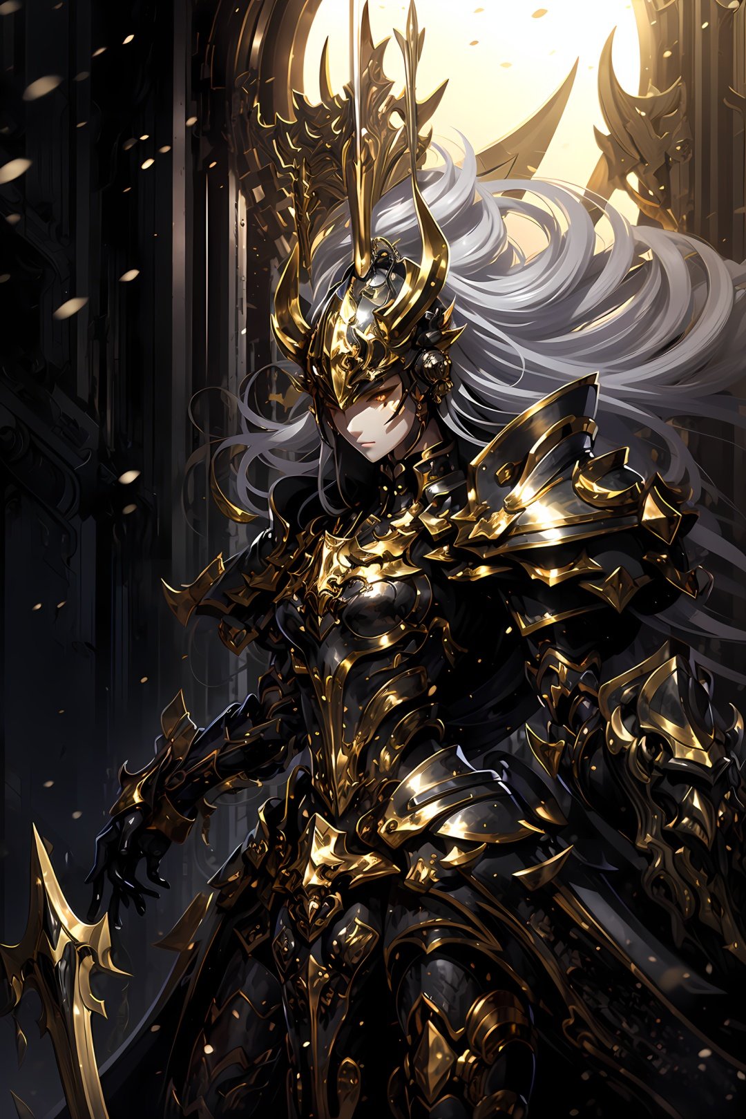 HeiJing1, solo, armor, horns, helmet, long hair, 1girl, full armor, closed mouth, fake horns, shoulder armor, black hair, upper body