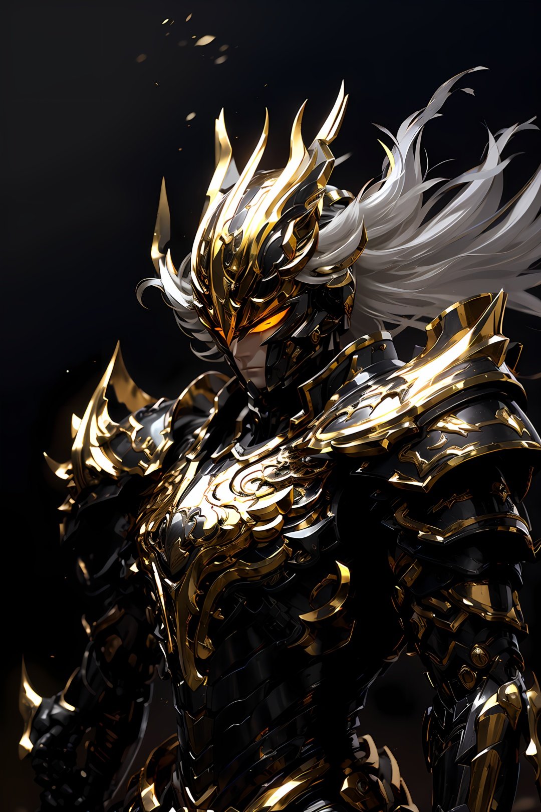 HeiJing1, solo, armor, glowing, straight-on, upper body, 1boy, black background, male focus, helmet, no humans, full armor