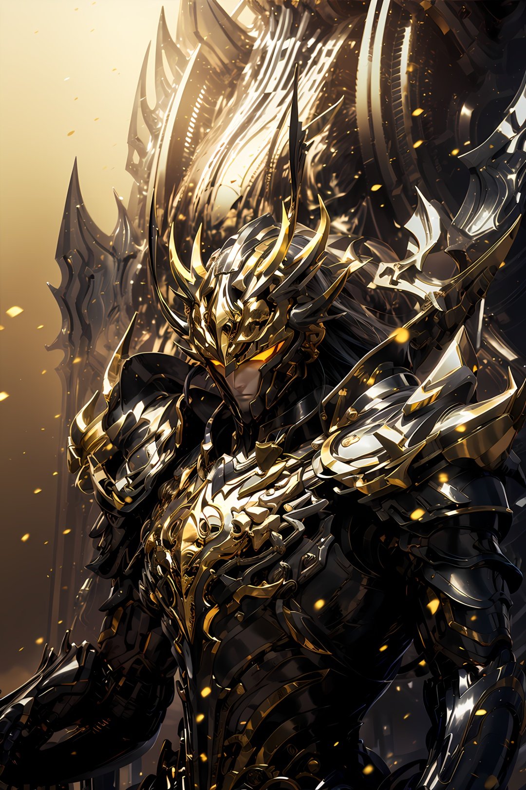 HeiJing1, armor, 1boy, male focus, solo, black hair, weapon, glowing eyes, glowing, helmet, long hair, yellow eyes, full armor, shoulder armor, horns, sword, pauldrons, upper body, wings