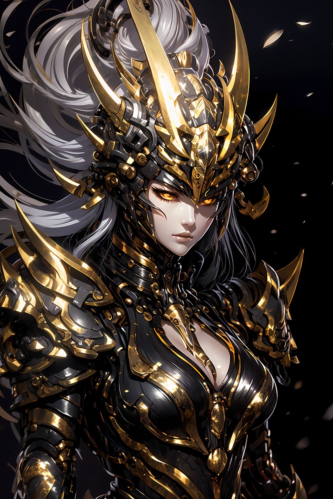 HeiJing1, 1girl, solo, breasts, long hair, armor, cleavage, helmet, upper body, lips, yellow eyes, looking at viewer, shoulder armor, closed mouth