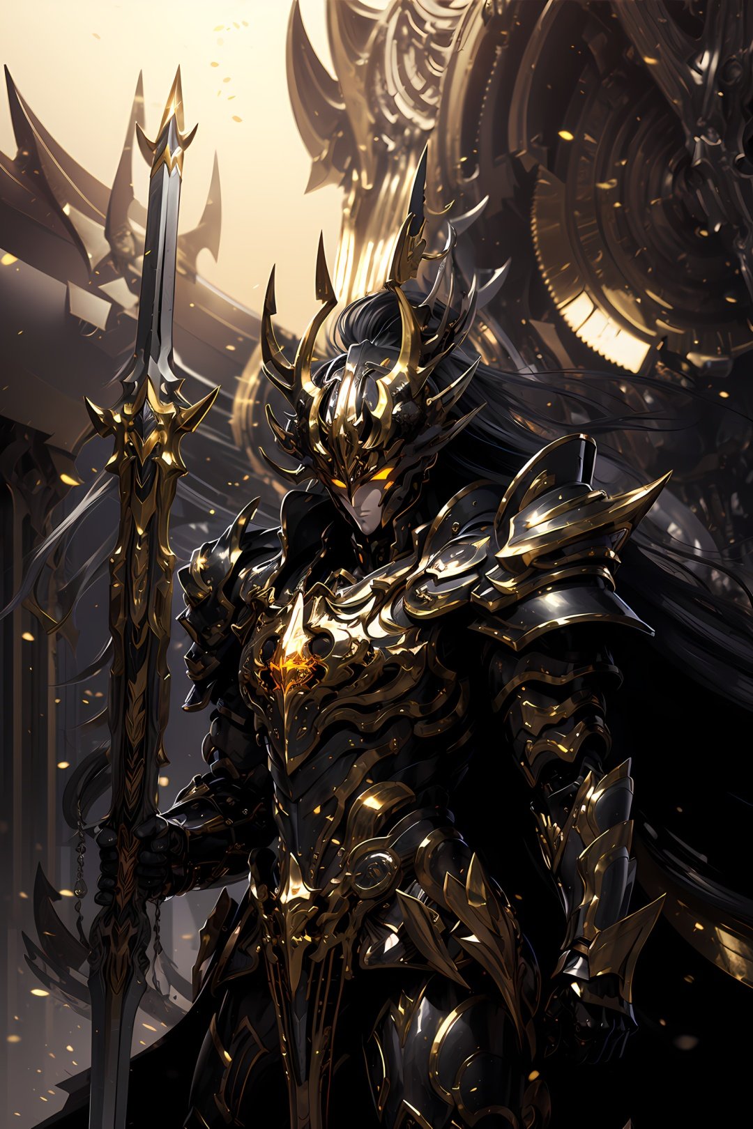 HeiJing1, armor, 1boy, male focus, solo, black hair, weapon, glowing eyes, glowing, helmet, long hair, yellow eyes, full armor, shoulder armor, horns, sword, pauldrons, upper body, wings