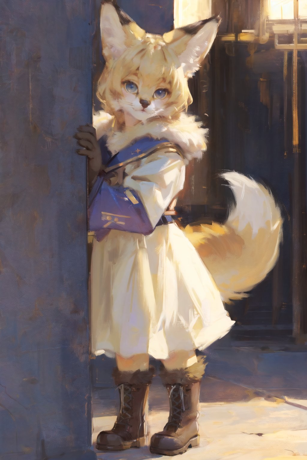 absurdres, highres, ultra detailed, masterpiece, sharp shading,wind,solo,perfect lighting,portrait,  fox cat girl,(kid:1.2),soumao,blonde,high detail fur,fur paws ,uniform,looking at viewer, <lora:GoodHands-beta2:0.7> <lora:bouguereau:0.3> <lora:servalcat:0.6>