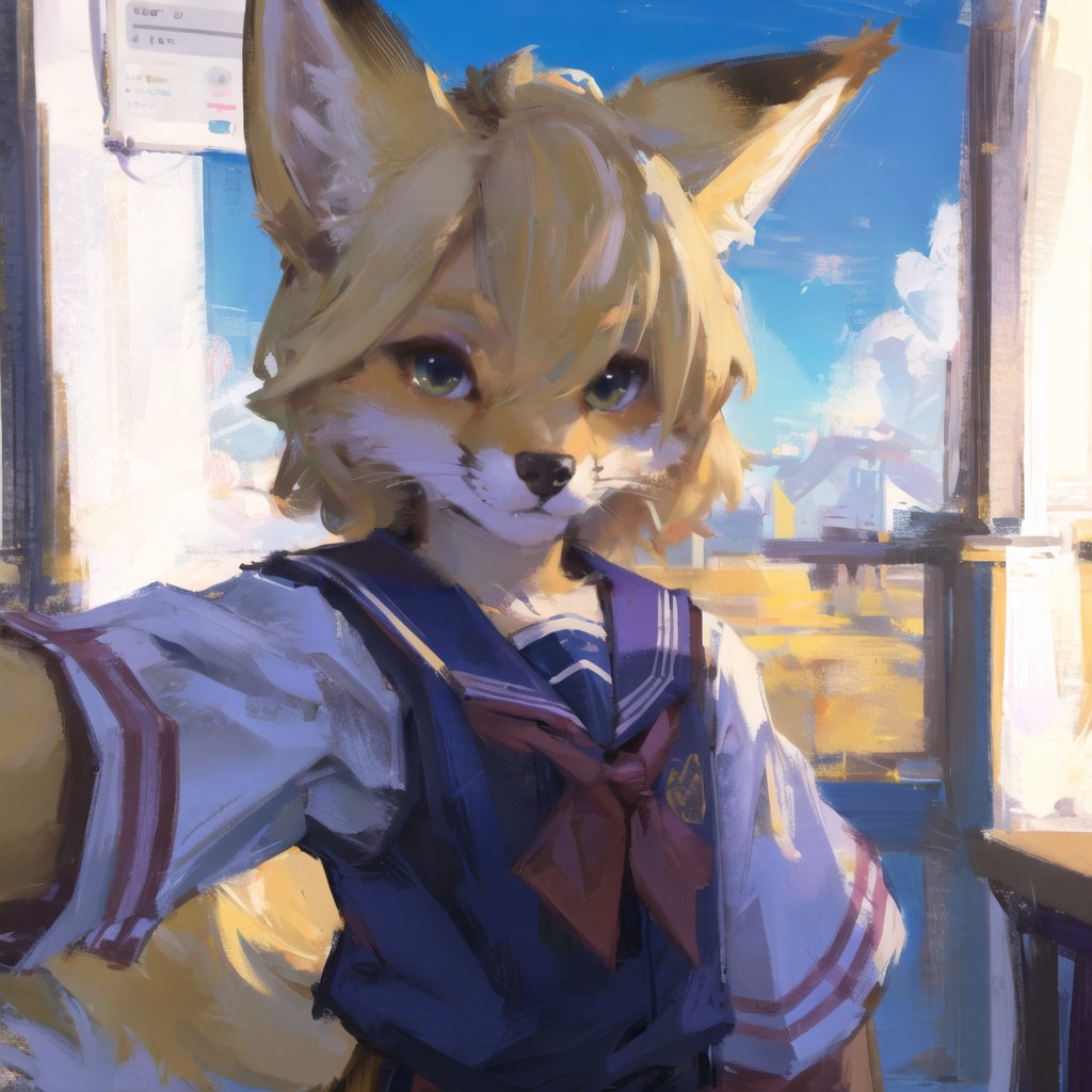 absurdres, highres, ultra detailed, masterpiece, sharp shading,wind,solo,perfect lighting,portrait,  fox furry girl,(kid:1.2),blonde,high detail fur,fur paws ,selfie,school uniform, hair over one eye, looking at viewer, <lora:GoodHands-beta2:0.7> <lora:Oilpainting:0.3>l <lora:bouguereau:0.3> Furry Girl