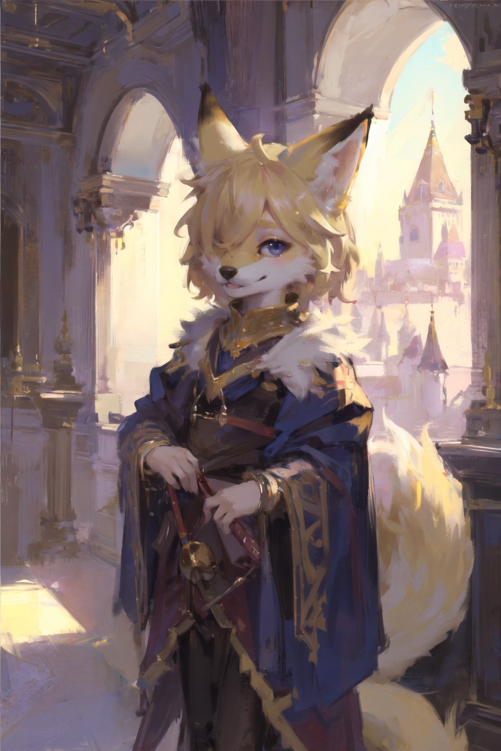 absurdres, highres, ultra detailed, masterpiece, sharp shading,wind,solo,perfect lighting,portrait,  fox furry girl,(kid:1.5),indoors,blonde,high detail fur,fur paws ,fantasy,castle,singer outfit, hair over one eye, looking at viewer, <lora:GoodHands-beta2:0.7> <lora:Oilpainting:0.3>l <lora:bouguereau:0.3>, Furry Gir