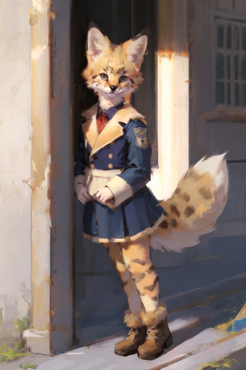 absurdres, highres, ultra detailed, masterpiece, sharp shading,wind,solo,perfect lighting,train fox cat girl,(kid:1.2),soumao,blonde,high detail fur,fur paws ,uniform,looking at viewer, <lora:GoodHands-beta2:0.7> <lora:bouguereau:0.3> <lora:servalcat:0.7>