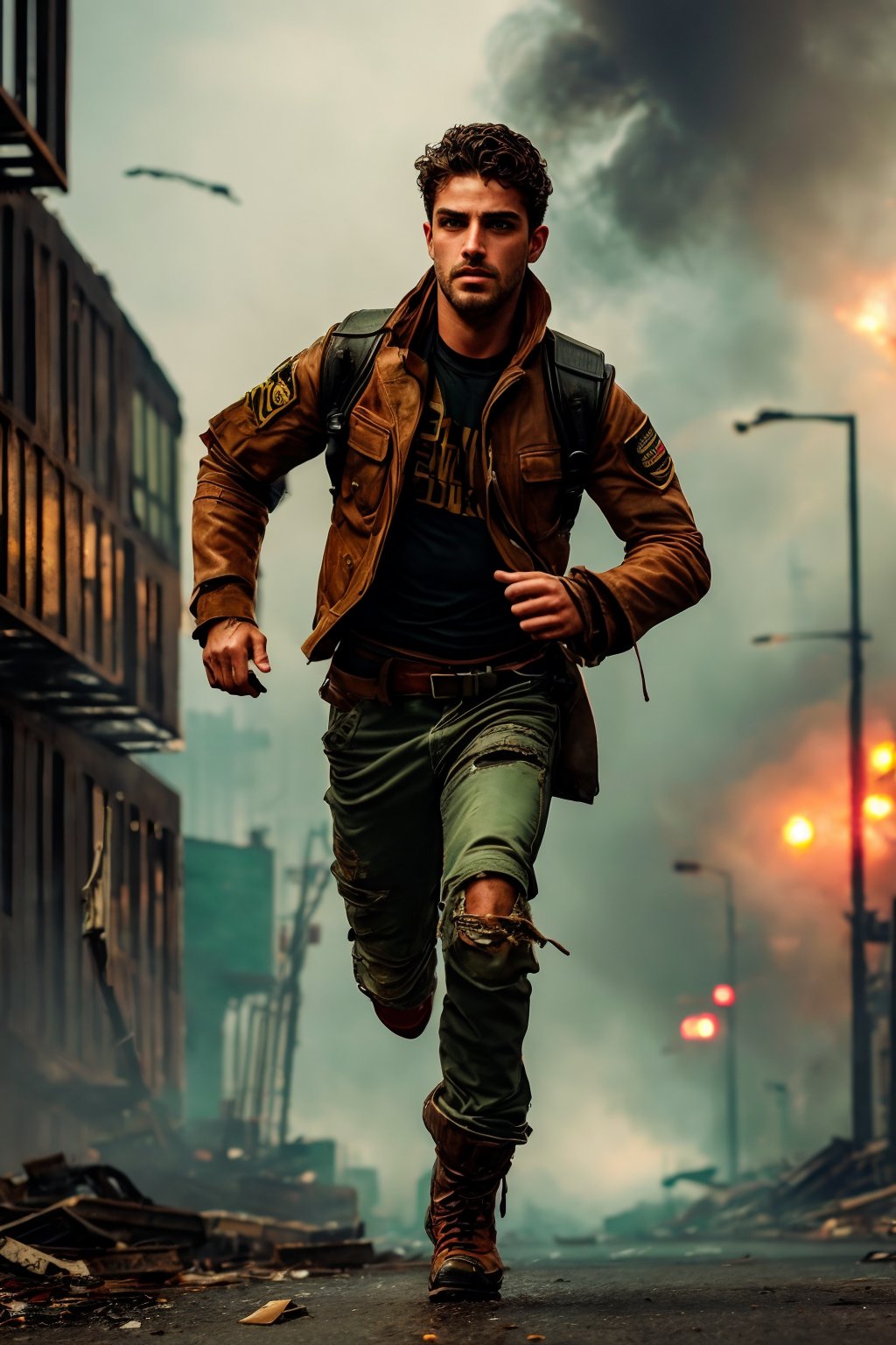 ManuRios, full lips, green eyes, short brown hair, xsgb,, Portrait, Full-body shot, Dynamic, (Dystopian rebel), (Explosions in the background:1.2), (Running against the chaos:1.1), a dynamic portrait of a dystopian rebel running against a backdrop of explosions, (Tattered clothing), (Gritty urban environment), (Smokey atmosphere:1.3), creating a gritty and intense scene of rebellion. 
realistic, masterpiece, intricate details, detailed background, depth of field, full body shot ,realhands,ManuRios 