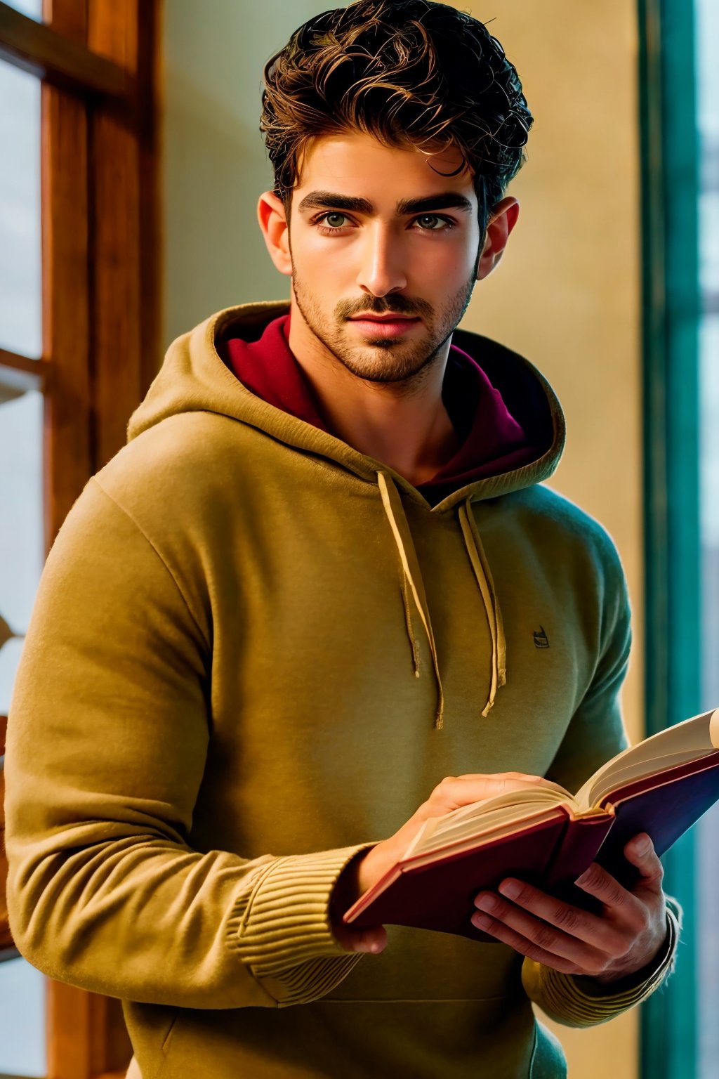 ManuRios, full lips, green eyes, short brown hair, ((masterpiece)), ((best quality:1.2)), High Resolution, 8k, (ultra_realistic:1.3), (photorealistic:1.4), (instagram model, handsome:1.2), sharp focus, a photo of ManuRios, wearing hoodie, reading book in a university library, indoors, professional lighting,  
realistic, masterpiece, intricate details, detailed background, depth of field, full body shot ,realhands,ManuRios 