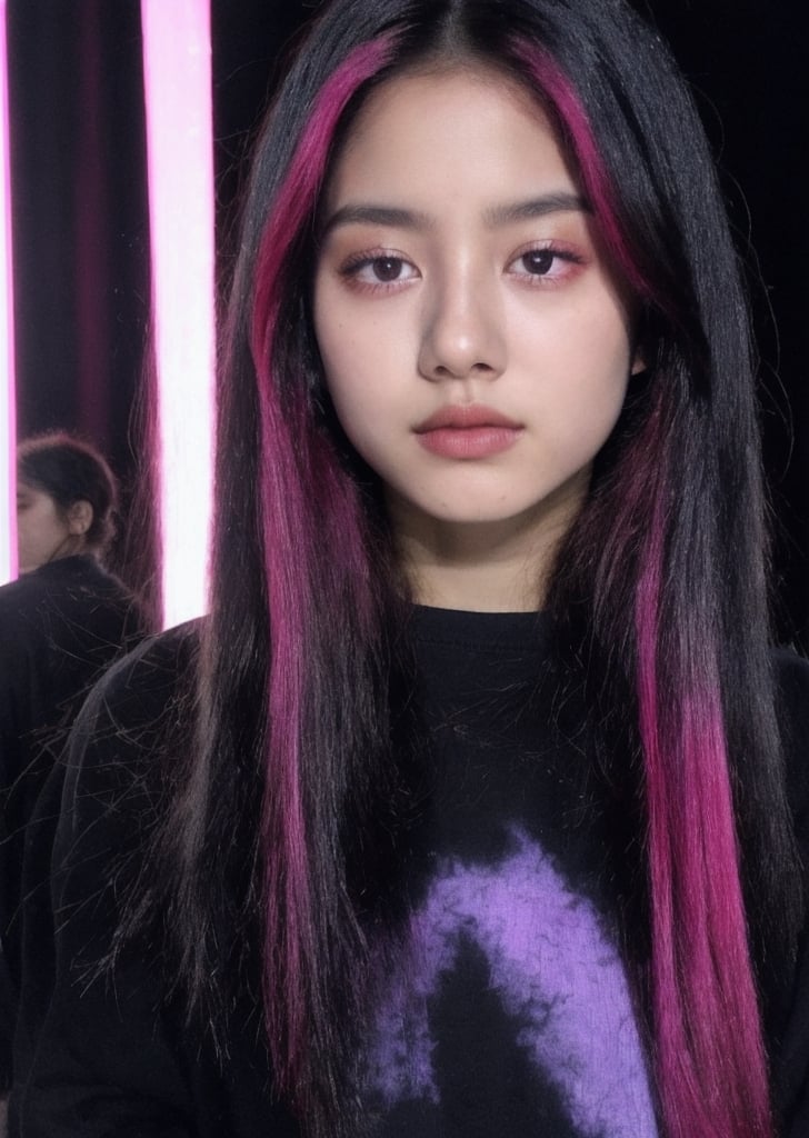 Girl ((light
 black hair,  magenta  Sombre Ombre on hair,)) and detailed eyes, ((with lights shining on her face and body)), wearing a shirt.,High detailed ,phlg,  dancing