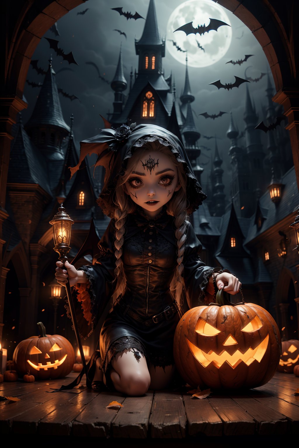 1girl,,gothic style,,, holloween party, Sony RX100 VII with Built-in 24-200mm f-2.8-4.5, vampire costume, pumkin, bat, broom, dynamic angle, gothic, castle, . dark, mysterious, haunting, dramatic, ornate, detailed,, Jack-o'-lantern