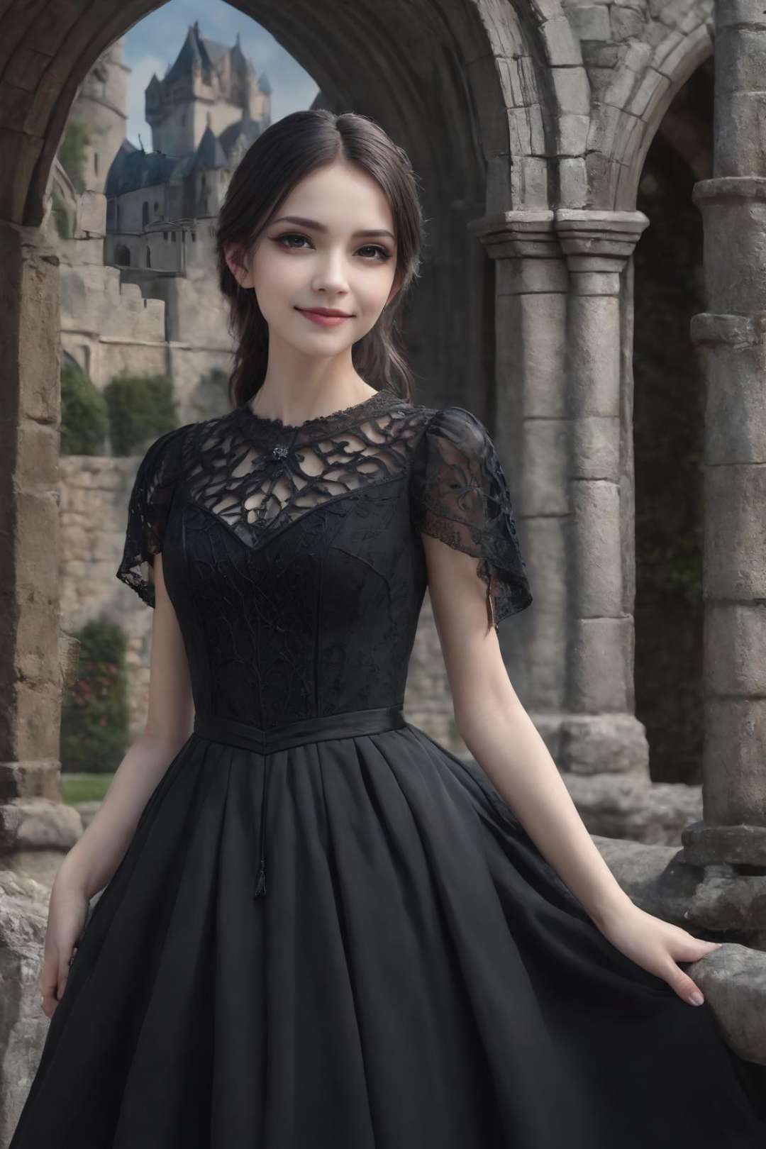 (masterpiece, best quality, photorealistic, 8k raw photo), (gothic_girl), light smile, black dress, intricate dress, highest detailed, old castle, detailed background, low key