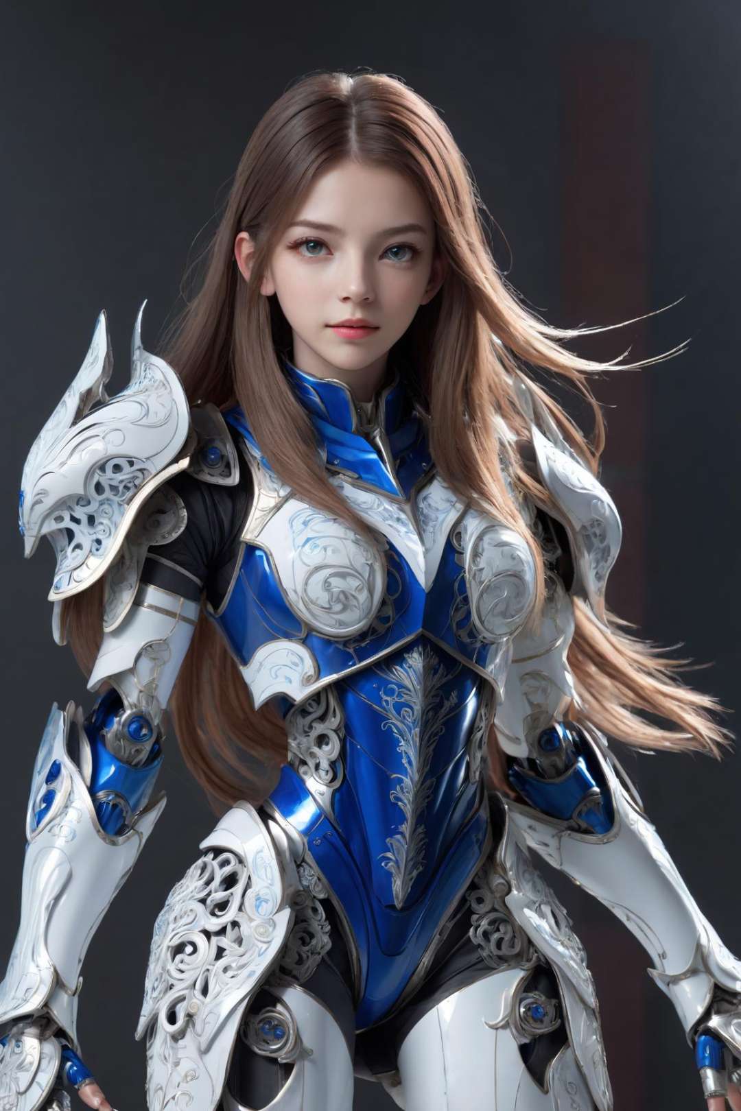 front_view, masterpiece, best quality, photorealistic, raw photo, (1girl, looking at viewer), long hair, mechanical white armor, intricate armor, delicate blue filigree, intricate filigree, red metalic parts, detailed part, dynamic pose, detailed background, dynamic lighting,