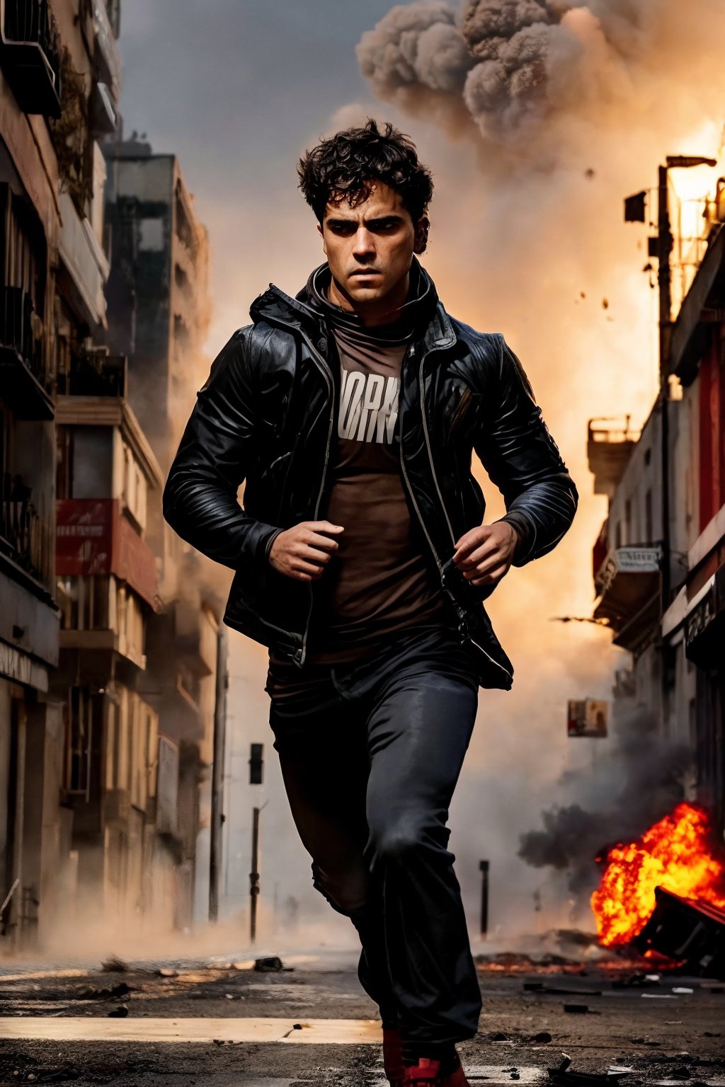 AndreLamoglia, short brown hair, dark brown eyes, muscular, xsgb, Full-body shot, Dynamic, (Dystopian rebel), (Explosions in the background:1.2), (Running against the chaos:1.1), a dynamic portrait of a dystopian rebel running against a backdrop of explosions, (Tattered clothing), (Gritty urban environment), (Smokey atmosphere:1.3), creating a gritty and intense scene of rebellion. 
realistic, masterpiece, intricate details, detailed background, depth of field, full body shot ,realhands,AndreLamoglia 