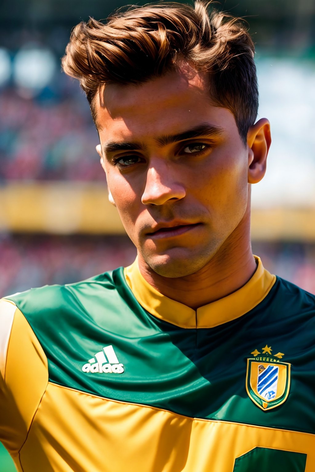 AndreLamoglia, short brown hair, dark brown eyes, mascular, wearing soccer uniform, retrosoccer, green jersey, yellow shorts,city as background, realistic, masterpiece, highres, cinematic lighting, perfect face, detailed face,detailed eyes, detailed dress , full body  
realistic, masterpiece, intricate details, detailed background, depth of field, full body shot, ,AndreLamoglia 