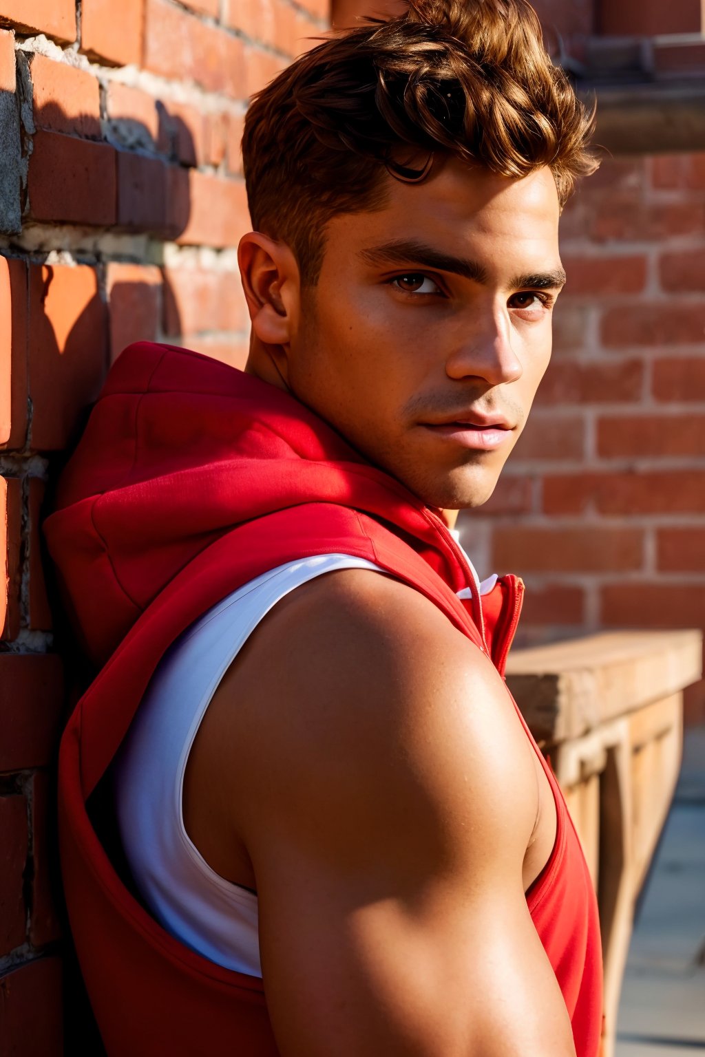 AndreLamoglia, short brown hair, dark brown eyes, facial hair, (GS-Masculine:1), (1boy), full body shot, Very detailed young handsome face, heroic, detailed realistic open eyes, detailed hands, glowing skin, depth of field, dynamic angles, intimate closeup face portrait photo of RAW photo, photo of AndreLamoglia, wearing a cropped sleeveless red hoodie and shorts in front of a brick wall, golden hour lighting, nostalgic, best quality, 4K, masterpiece, detailed, intricate, show abs