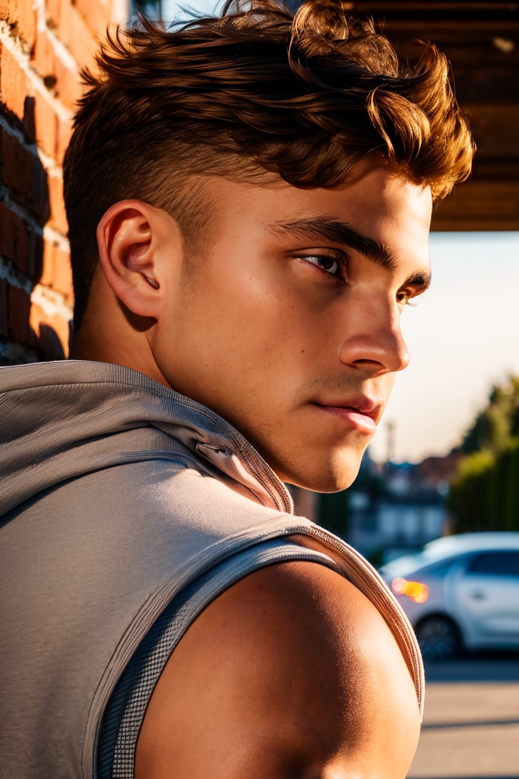 AndreLamoglia, short brown hair, dark brown eyes, (GS-Masculine:1), (1boy), full body shot, Very detailed young handsome face, heroic, detailed realistic open eyes, detailed hands, glowing skin, depth of field, dynamic angles, intimate closeup face portrait photo of RAW photo, photo of AndreLamoglia, wearing a sleeveless hoodie and shorts in front of a brick wall, golden hour lighting, nostalgic, best quality, 4K, masterpiece, detailed, intricate 