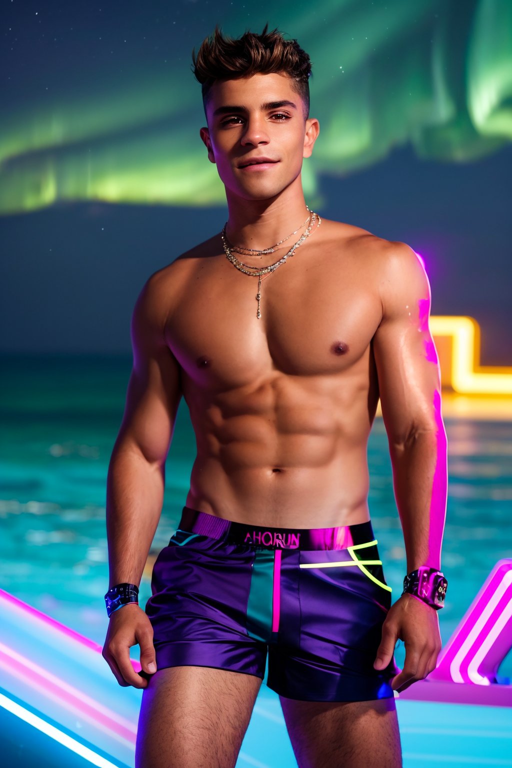 AndreLamoglia, short brown hair, dark brown eyes, (GS-Masculine:1), (1boy), full body shot, Very detailed young handsome face, heroic, detailed realistic open eyes, detailed hands, glowing skin, depth of field, dynamic angles, (cyber punk style:1.3), (bright neon colors:1.2), vapor wave, synth wave, high contrast, 1980s bad boy, very low rise bight colored short shorts, happy trail, bright smile, shirtless, nipples, mascular, backward cap, vibrant saturated colors, random neon holographic, on an futuristic artificial beach, an ocean made of ethereal energy, dark prismatic, sky swashes of colors mix in a void of darkness, midnight, clouds of the aurora borealis,AndreLamoglia 