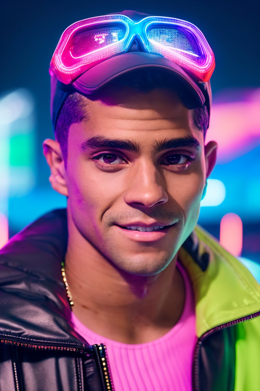 AndreLamoglia, short brown hair, dark brown eyes, (GS-Masculine:1), (1boy), full body shot, Very detailed young handsome face, heroic, detailed realistic open eyes, detailed hands, glowing skin, depth of field, dynamic angles, (cyber punk style:1.3), (bright neon colors:1.2), vapor wave, synth wave, high contrast, 1980s bad boy, bight colored board shorts, bright smile, bomber jacket (shirtless underneath) nipples, mascular, backward cap, vibrant saturated colors, random neon holographic, on an futuristic artificial beach, an ocean made of ethereal energy, dark prismatic, sky swashes of colors mix in a void of darkness, midnight, clouds of the aurora borealis,ManuRios ,AndreLamoglia 