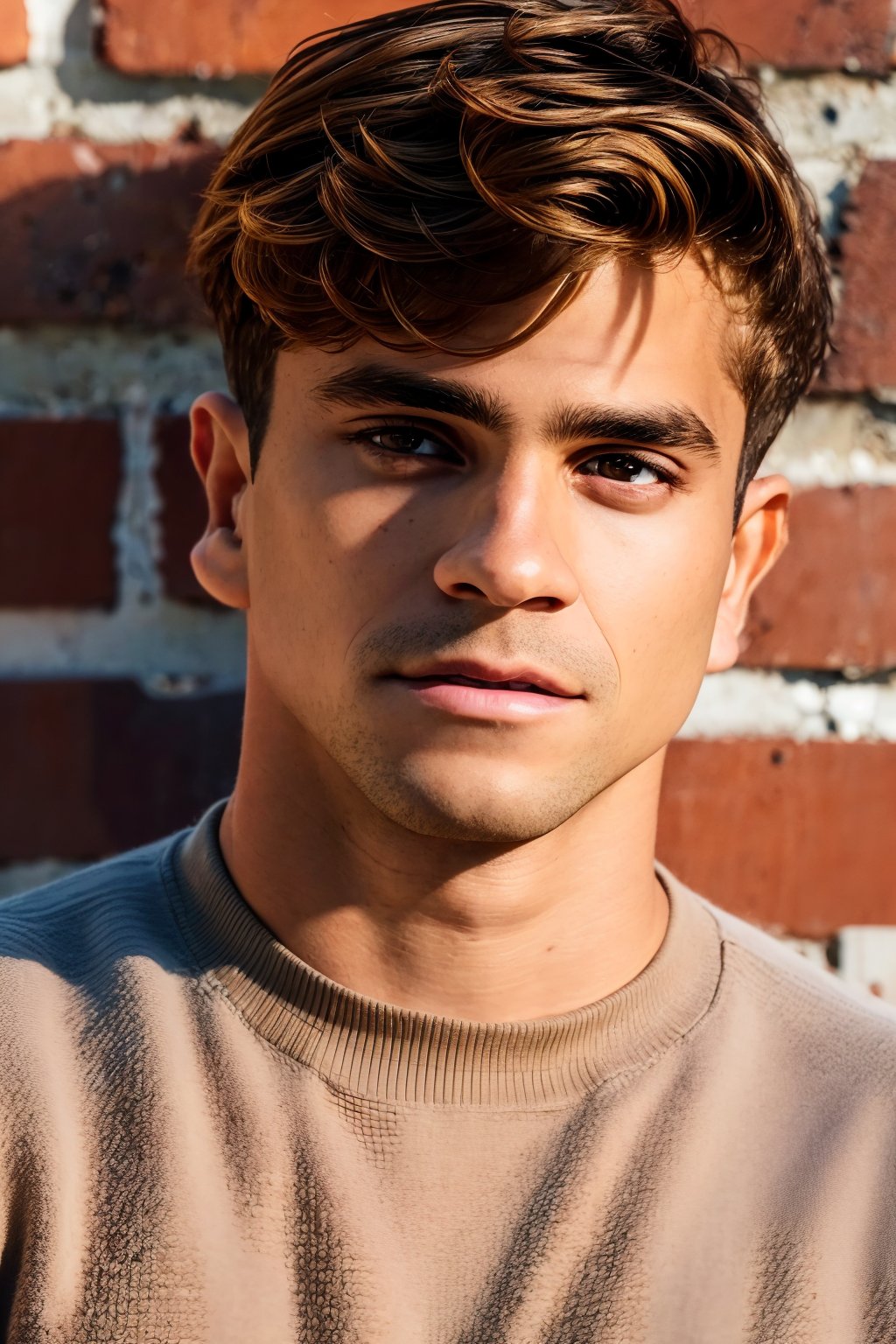 AndreLamoglia, short brown hair, dark brown eyes, facial hair, (GS-Masculine:1), (1boy), full body shot, Very detailed young handsome face, heroic, detailed realistic open eyes, detailed hands, glowing skin, depth of field, dynamic angles, intimate closeup face portrait photo of RAW photo, photo of AndreLamoglia, wearing a Ringer Shirt and shorts in front of a brick wall, golden hour lighting, nostalgic, best quality, 4K, masterpiece, detailed, intricate, show abs