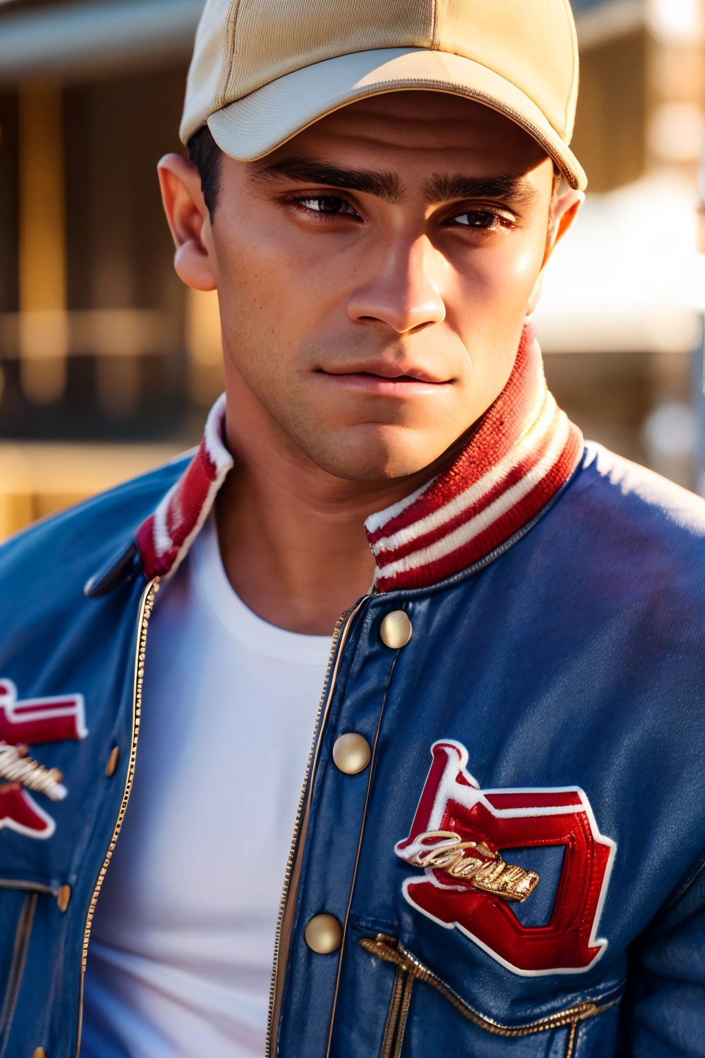 portrait of AndreLamoglia, dark brown eyes, short brown hair, muscular,  RAW photo, wearing a letterman jacket a white t-shirt, and jeans, and backward cap, golden hour lighting, nostalgic, best quality, 4K, masterpiece, detailed, intricate, 
realistic, masterpiece, intricate details, detailed background, depth of field,