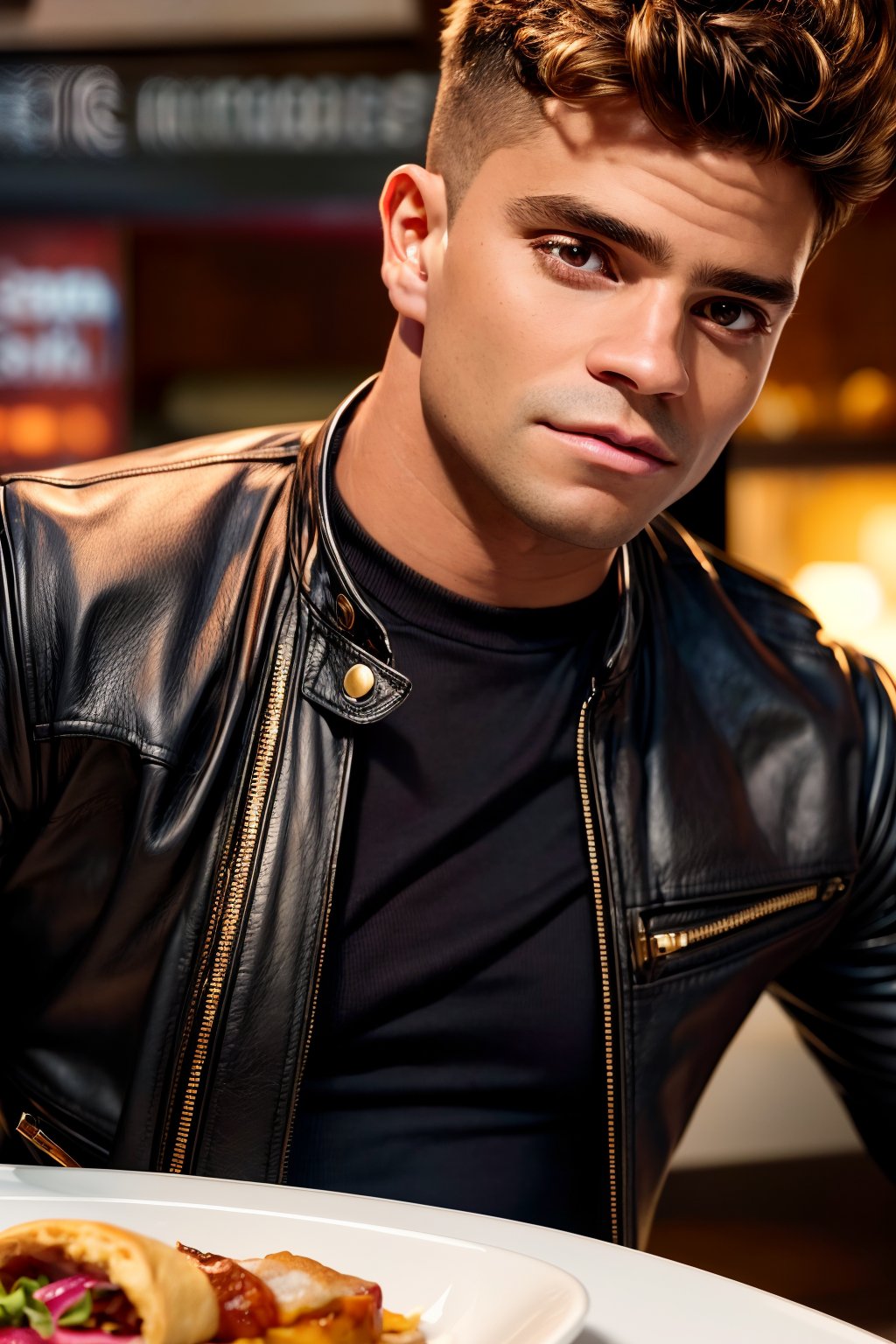 portrait of AndreLamoglia, dark brown eyes, short brown hair, muscular, (medium shot), wearing a vintage leather jacket with a tight-fitting white tee, from the waist up, natural lighting, studio lighting, confident and cool mood, rebellious, old-school diner, realistic, masterpiece, intricate details, detailed background, depth of field,