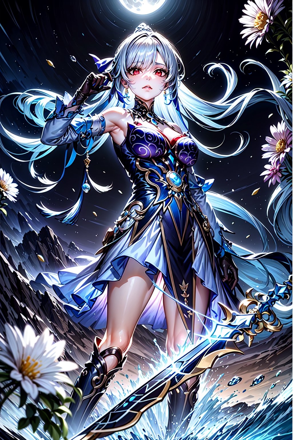 ,an anime character standing in water surrounded by flowers throwing a shattered sword, 1girl, moon, solo, weapon, shattered sword, long hair, night, sword, black gloves, dress, flower, night sky, red eyes, sky, 1girl, holding, solo, long hair, weapon, red eyes, boots, holding weapon, dress, breasts, hair over one eye, full body, black footwear, 1girl, solo, long hair, red eyes, sky, night, dress, looking at viewer, bangs, night sky, boots, full body, cloud, stars, Jingliu, HSR, Pale hair, Long hair, Big Breast, red eyes, Elegant dress, Black palettes, cleavage, vision, water, knee boots, flower, bare shoulders , big breasts, bangs, full moon, closed mouth, black gloves, ((ultra-detailed)),((high resolution)), ((extremely detailed)), ((8k)), ((Detailed Scenery))