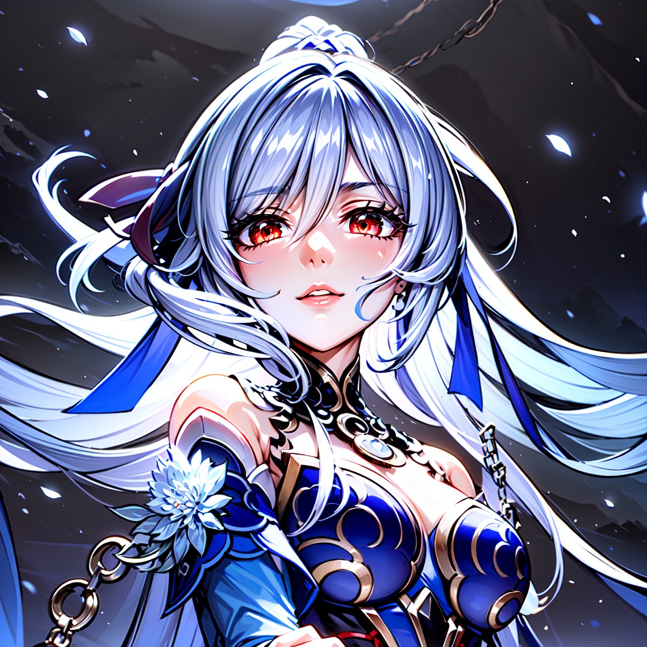 A beautiful girl, Jingliu, HSR, Pale hair, Long hair, Big Breast, chains, sitting, red eyes, Elegant dress, Black palettes, Dark boots, cherry blossom, mountain, moon crescent, night sky, blue ribbon on hair, red ribbon on hip, silver crescent moon detail in the middle, flower petals, falling_snow, snowflakes, 