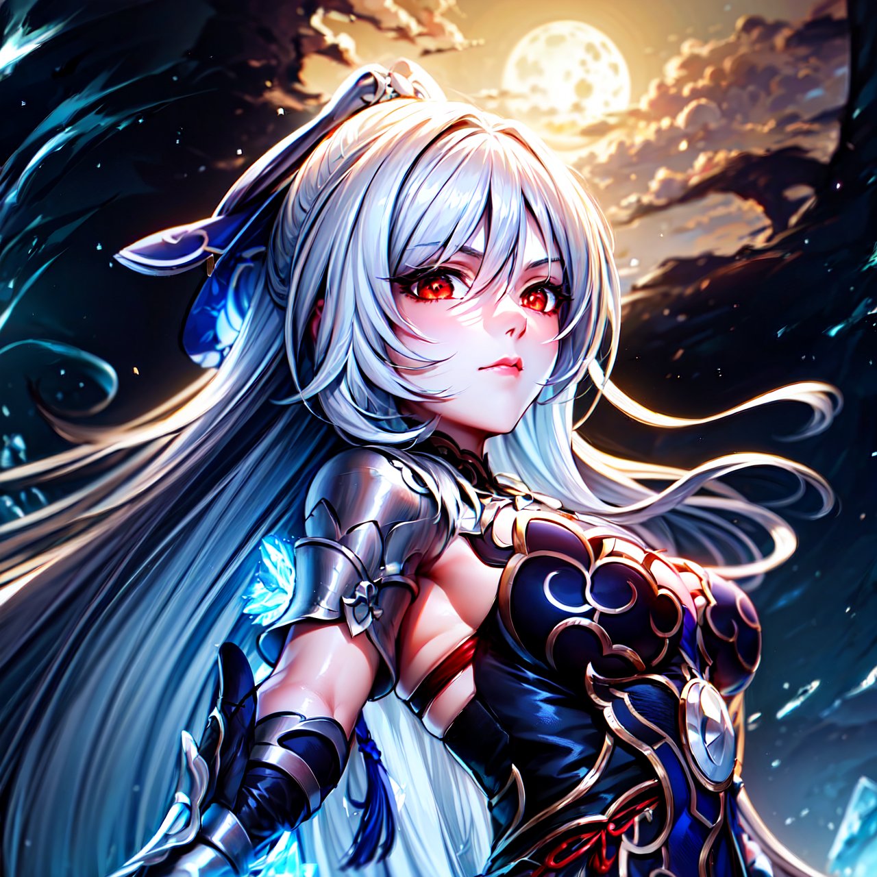 Jingliu, HSR, Red eyes, Pale hair, Long hair, Big Breast, Elegant dress, Black palettes, Dark boots, a beautiful anime girl with pale hair holding a ice swords, 1girl, solo, red eyes, long hair, weapon, holding weapon, holding, big breasts, looking at viewer, bangs, full moon, closed mouth, black gloves, ((ultra-detailed)), ((high resolution)), ((extremely detailed)), ((8k)), ((Detailed Scenery))