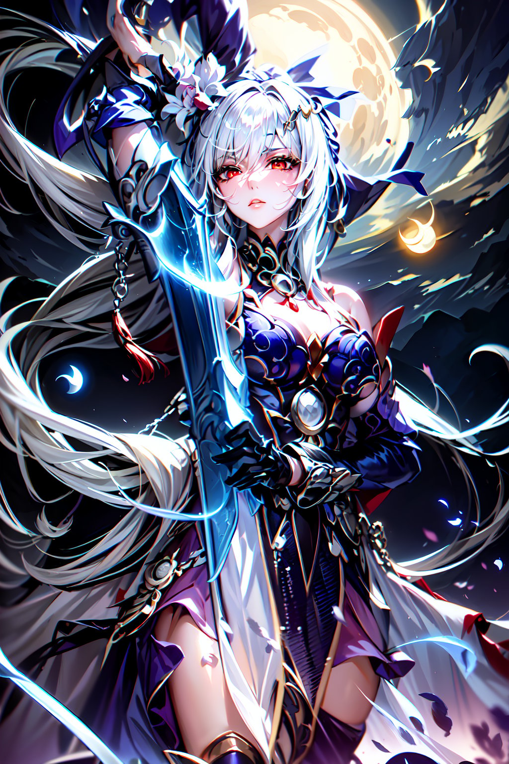 woman dressed in armor holding a sword, while the moon and stars hover over her, 1girl, weapon, solo, sword, ice blade, ice sword, long hair, breasts, red eyes, gloves, holding, holding weapon, dress, looking at viewer, moon, holding sword, Jingliu, HSR, Pale hair, Long hair, Big Breast, chains, sitting, black blindfolded, Elegant dress, Black palettes, Dark boots, cherry blossom, moon crescent, night sky, blue ribbon on hair, red ribbon on hip, silver crescent moon detail in the middle