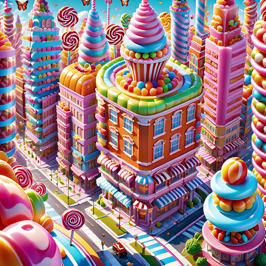 (candy land Explore a candy land realm filled with edible architecture, where gumdrop skyscrapers rise to dizzying heights, and the city streets are paved with smooth, vibrant gummy bricks. Sugar butterflies flutter through the air, leaving trails of fruit syrup in their wake), 8k octane render, high detail, masterpiece, hyperdetailed, intricate details